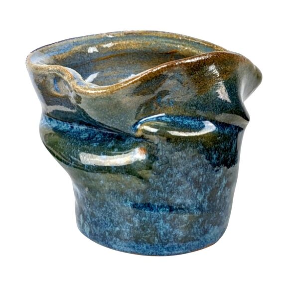 Handmade Blue Pottery Vase: Asymmetrical Ceramic Art, Signed - Picture 2 of 7